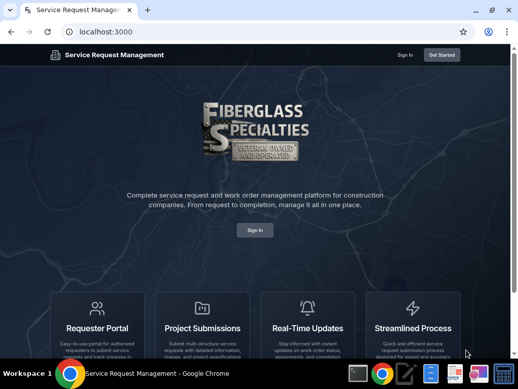 Service Central home page showing Fiberglass Specialties logo and Sign In button