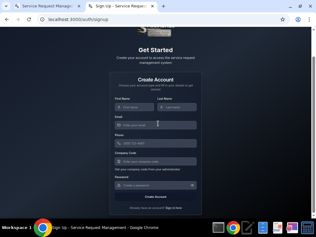 Account creation form showing fields for name, email, phone, company code, and password