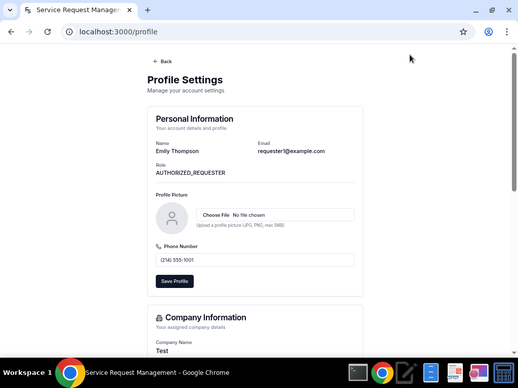 Profile Settings page showing personal information, profile picture, and phone number