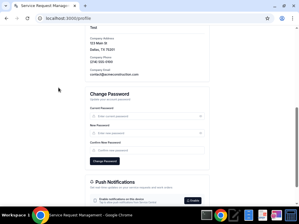 Change Password section showing current password, new password, and confirm password fields